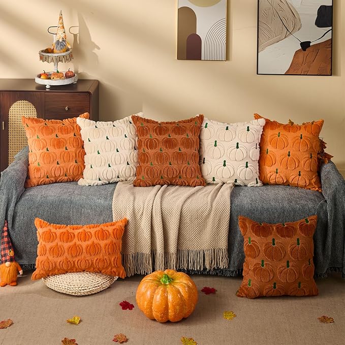 DFXSZ Fall Pillow Covers 20x20 2Pcs Rust Green Pumpkin Fall Decorations | Fall decor Set of 2 Throw Pillow Cases Soft Plush Faux Fur Wool Couch Cushion for Chair Sofa Bedroom Living Room Home Decor