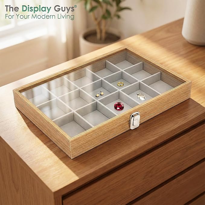 Wooden Travel Jewelry Box w. Tempered Glass Display Lid - Earrings Storage - 15-Compartments Velvet Organizer (Natural Oak) by The Display Guys
