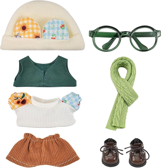 17cm Doll Clothes, Clothes Accessoriesor for 6.7 Inches Doll Clothes,hat+Glass+top+Vest+Scarf+Shorts+Shoe(Green)