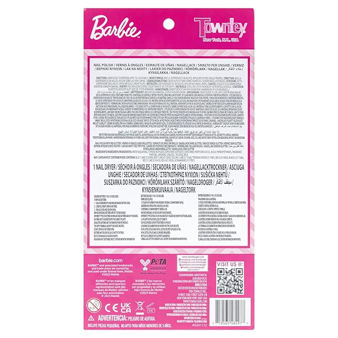 Barbie -Townley Girl Non-Toxic Peel-Off Water-Based Safe Nail Polish Set with Nail Dryer for Kids, Batteries Not Included, Ages 3 and Up