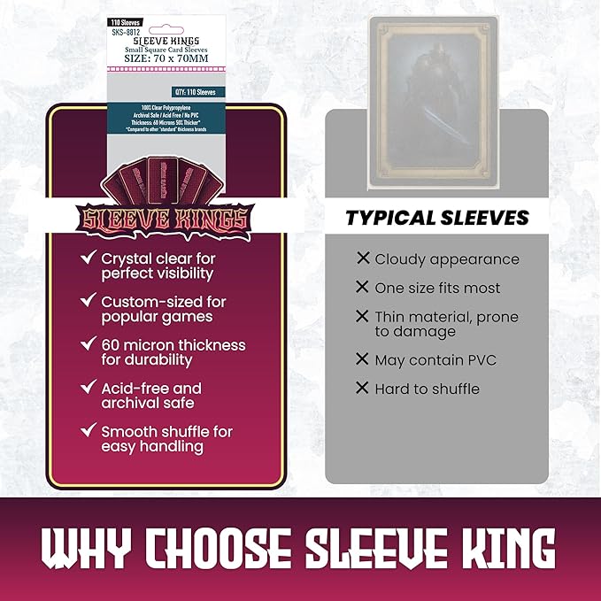 Sleeve Kings Standard Card Sleeves – 110 Count, Clear 60 Micron Thickness, Medium Square Size (70 x 70 mm), Compatible with Power Grid & More – SKU: SKS-8812