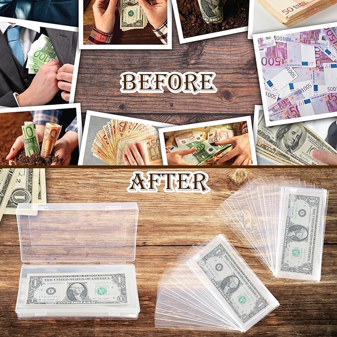 200 Pieces Dollar Bill Holder with Storage Box, 6.8 x 3.18 inch Clear Paper Money Sleeves,Currency Sleeves, Silver Dollar Coin Holders Organizer for Cash Collectors Banknotes,Stamp