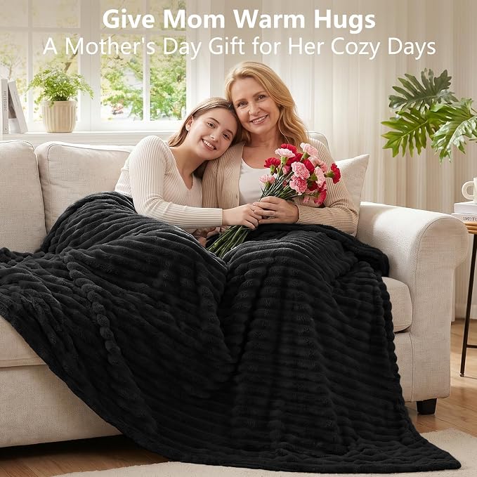 Black Throw Blanket for Couch & Bed, 50 x 60 Inch | 300GSM Ribbed Fleece Blanket, Soft, Cozy & Lightweight, OEKO-TEX Certified, All-Season Use for Travel, Dorm & Home Decor