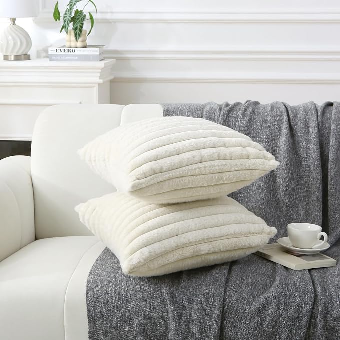 Decorative Throw Pillow with Inserts, Set of 2 Soft Faux Fur Throw Pillows, Square Boho Striped Pillow for Couch, Bed, Sofa Decor(Beige, 18" x 18")