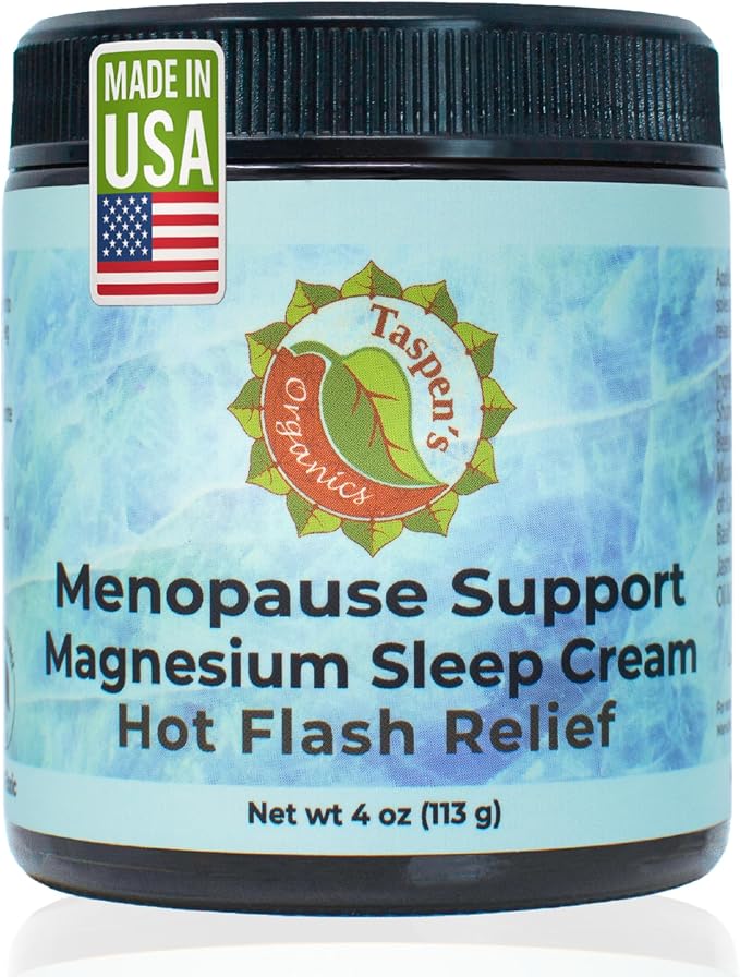 Taspen's Organics Menopause Support Magnesium Sleep Cream – Natural Cooling Relief for Hot Flashes & Night Sweats | Promotes Relaxation & Sleep | Flower Essence & Botanical Formula (4 oz)
