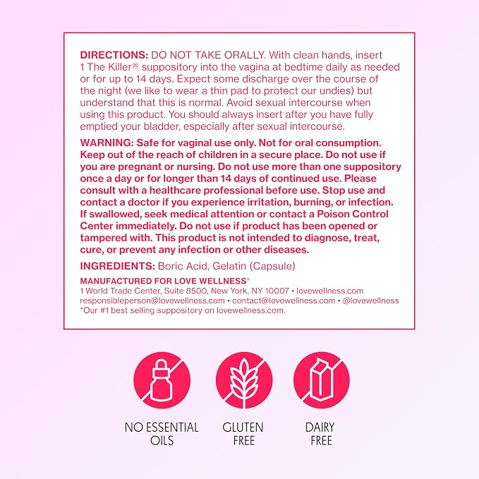 Love Wellness The Killer | Boric Acid Vaginal Suppositories | Balances pH & Supports Odor Control, a Healthy Vaginal Balance and Environment | Fast-Acting & Fragrance-Free | Gentle & Effective | 14 Ct