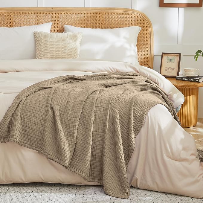EMME Muslin Blankets for Adults Throw Blanket for Couch Breathable Gauze Soft Lightweight Airy Tan Twin XL 66" x 90"