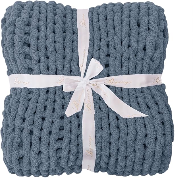 Bigacogo Chunky Knit Throw Blanket for Couch, 40x60 inches, Cold Sea Blue | Hand Knit with Jumbo Chenille, Soft Breathable Cable Knit for Sofa Bed Living Room, Machine Washable, Gift for Mom Friend