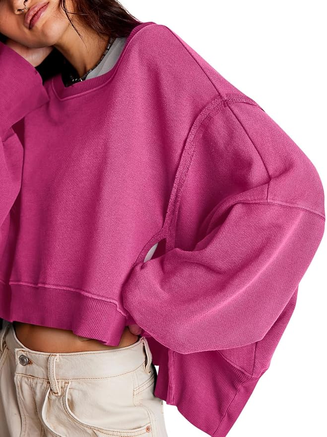 Zwurew Womens Casual Sweatshirt Cropped Shirts | Loose Fit, Tee Top, Pullover, Crop Hem, Design Trim, Daily Tops