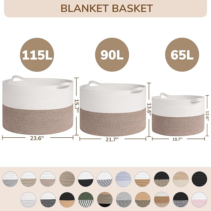 INDRESSME 115L Extra Large Woven Rope Blanket Basket Living Room WhiteBlack | 23.6" x 15.7" Storage baskets for toys laundry & pillows. Fits living room, bedroom or nursery décor. Soft-touch with handles