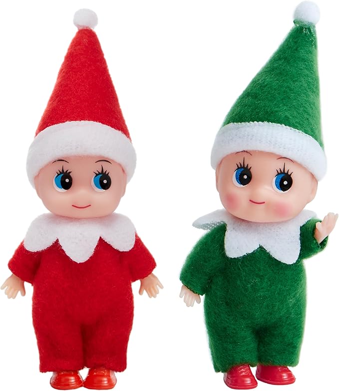 JOYIN 2PCS Christmas Elf Plush Doll, Red and Green Tiny Elf Doll with Clothes and Belt Pattern Soft Plush Accessories for Christmas Holiday Decorations, Dress-Up Party
