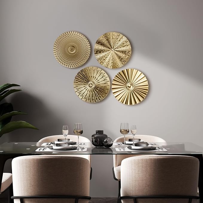 Hicarer 4 Pcs 12 Inch Gold Metal Wall Art Decor Modern Sunburst Hanging Artwork Decor Wall Decorations for Home Bedroom Bathroom Living Room Office Sculpture Gift