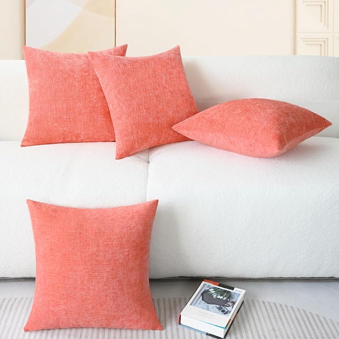CaliTime Decorative Couch Throw Pillow Covers 18 X 18 Inches Living Coral | Pack of 4, Cozy Chenille Cushion Cases for Sofa Bed Living Room Farmhouse Home
