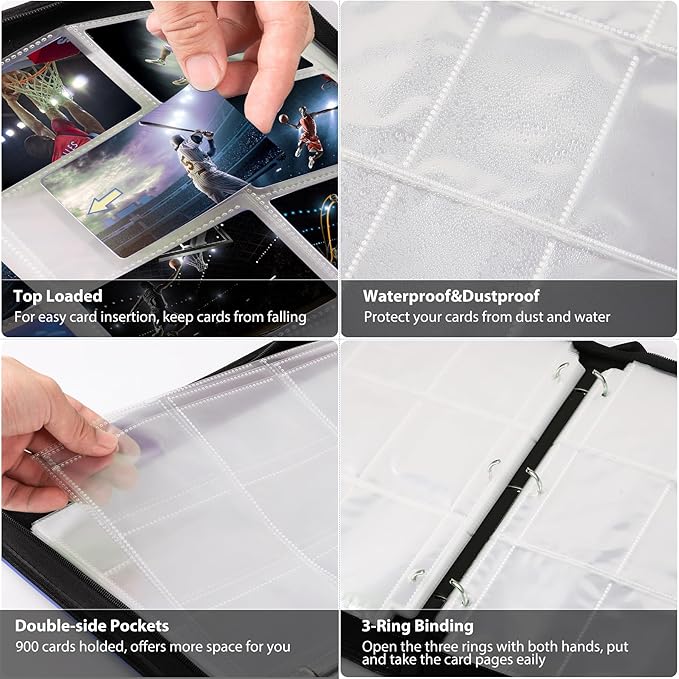 WOT I Trading Card Binder, 900 Pockets Baseball Card Binder Sleeves with Zipper, Double Sided Pockets Card Holder Carry Card Case for Baseball Card, Football Card(Light Blue), WO-CB-9-8