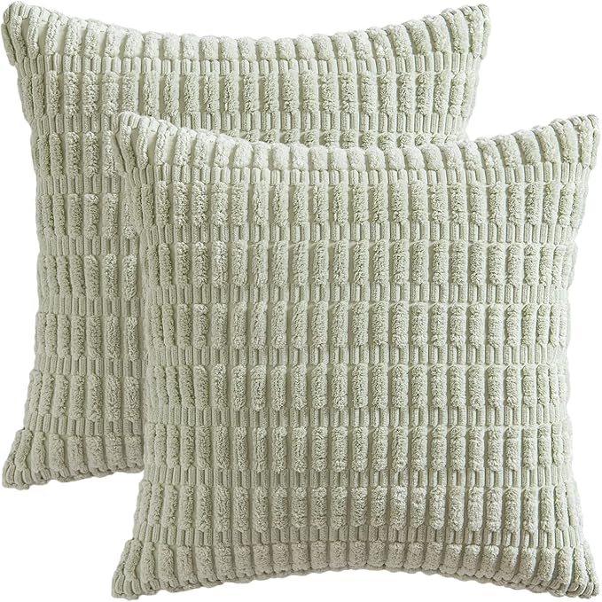 MIULEE Corduroy Decorative Throw Pillow Covers 16x16 Light Green Pack of 2 | Soft Boho Striped Pillow Covers Modern Farmhouse Home Decor For Sofa Living Room Couch Bed