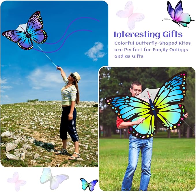 Silipull 3 Pcs Butterfly Kite 55" x 28" Large Kites with 328ft Kite String Beach Colorful Kites for Adults Beginner Outdoor Supplies (Rainbow and Blue Purple)