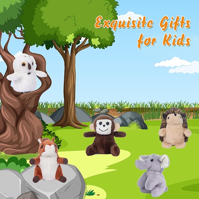 My OLi 10 Pack Plush Wild Animals Toys - 3.5 Inch Jungle Stuffed Animal Bulk Toys for Kids: Tiger Lion Elephant Monkey Hedgehog Rabbit Squirrel Owl Fox Bison