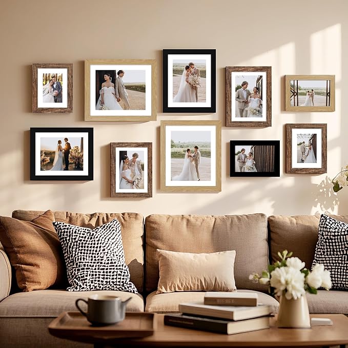 Hongkee 9x11 Picture Frame Set of 4, Made of Real Glass and Black Frame - Display Picture 7x9 with Mat or 9x11 Without Mat, 9 by 11 Photo for Wall or Tabletop