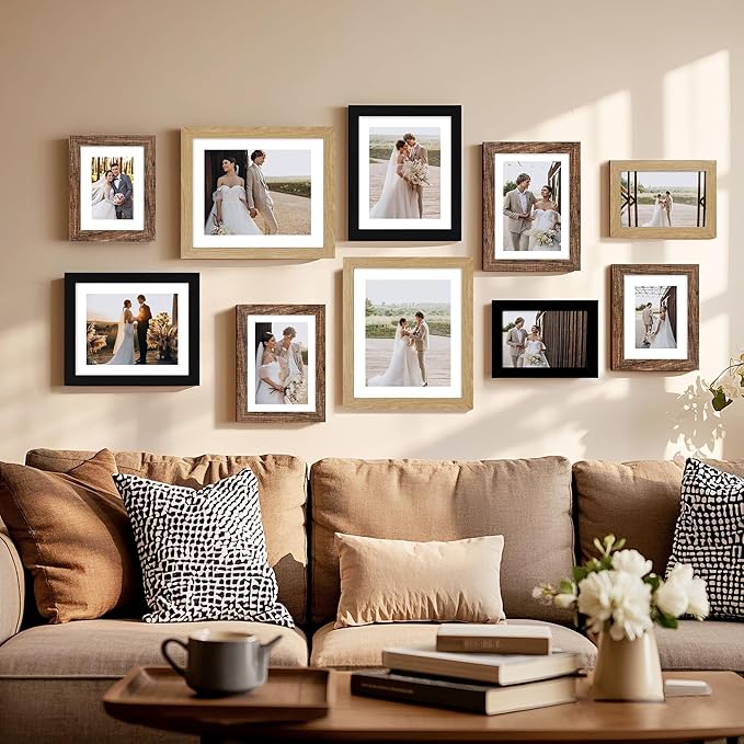 Hongkee 6x8 Picture Frame Set of 4, Made of Real Glass and Natural Oak Frame - Display Picture 4x6 with Mat or 6x8 Without Mat, 6 by 8 Photo for Wall or Tabletop