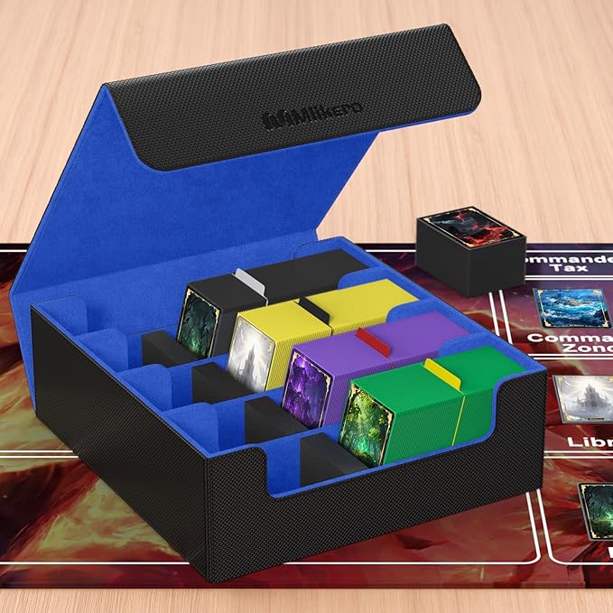 Mlikero Card Deck Case, 2400+ Trading Card Storage Box with 10 Colorful Dividers and 4 Foam Stoppers, Leather Magnetic Closure Commander Deck Box Fit for MTG, TCG (4 Rows, Black&Blue)