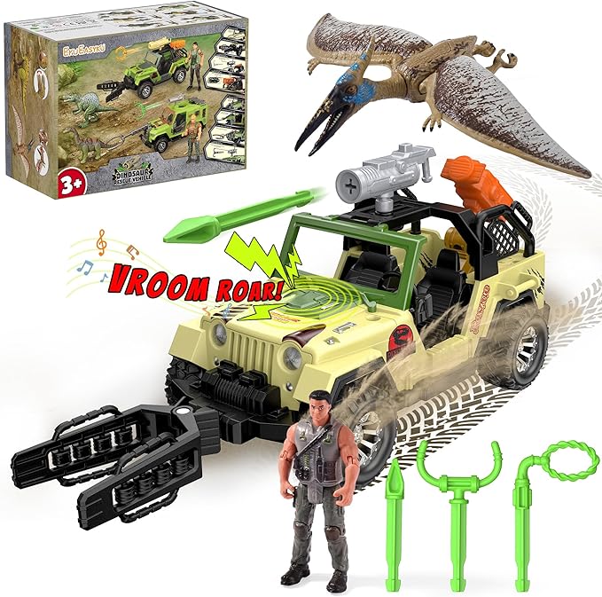 EKU Dinosaur Truck with 10 Sounds, Capture Net, Clamp, Launcher, Wing Flapping Quetzalcoatlus Figure, Human, Push and Go Adventure Vehicle for Jurassic World Toys Pretend Play Gifts for Kids 3+