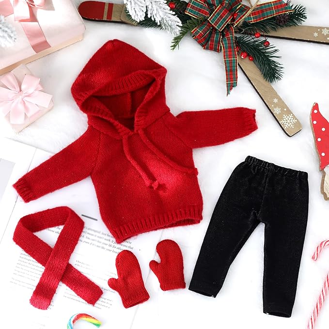6 Pcs Christmas 18 Inch Doll Clothes and Accessories Winter Outfits Set Sweaters Trousers Hats Shoes for 18 Inch Doll Gift(Light Red,Smart Style)