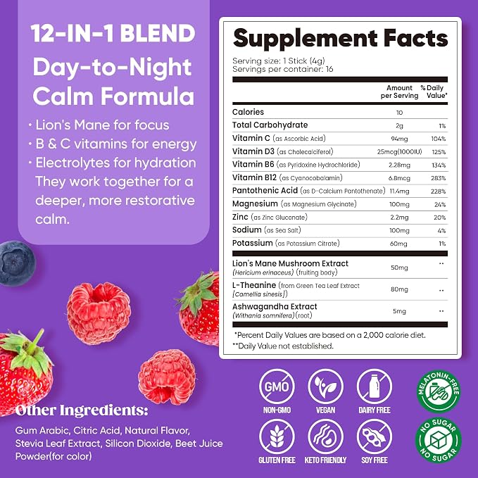 Venture Pal Calm Drink Mix, 12-in-1 Cortisol Reducer and Sleep Aid with Magnesium Glycinate, Ashwagandha, L-Theanine,Vitamin D, Calm Magnesium Powder for Relax & Focus, No Sugar, Non GMO