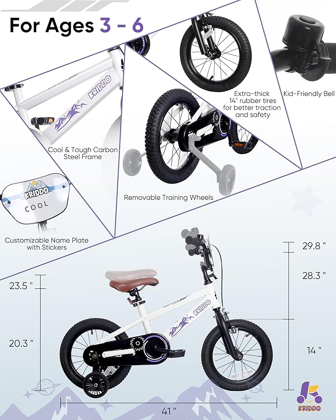 KRIDDO 14-16 Inch Kids Bike for Ages 3–8, Boys and Girls Bicycle with Removable Training Wheels, Bicycle for Kids with Hand Brake & Coaster Brake, Adjustable Height, DIY Name Plate