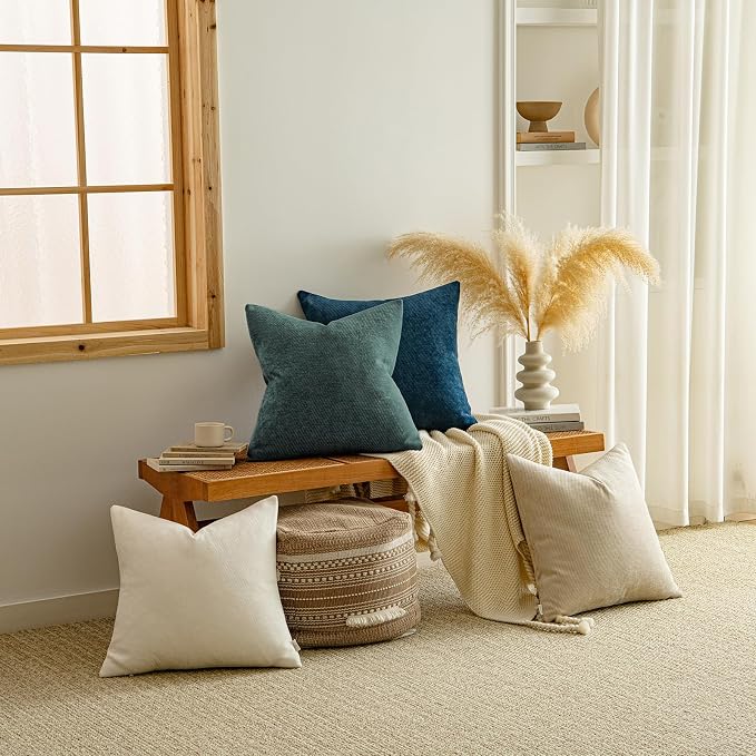 a moment Pack of 2 Decorative Chenille Throw Pillow Covers with Twill Cushion Covers for Sofa Living Room Couch Bed 20x20 Inch Dark Teal