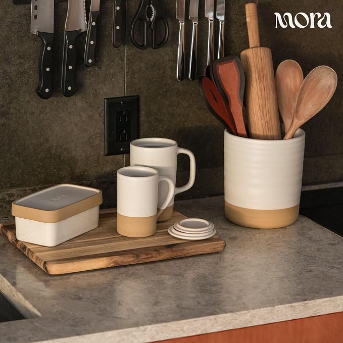 MORA Ceramics Tea Cup with Loose Leaf Infuser, Spoon and Lid, 12 oz, Microwave and Dishwasher Safe Coffee Mug - Rustic Matte Ceramic Glaze, Modern Herbal Tea Strainer - Great Gift for Women, Oat