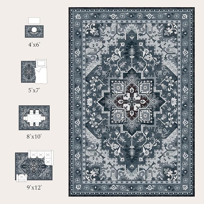Rugflix 4x6 Area Rugs for Living Room, Washable Dark Navy Blue Rug | Machine Washable; Stain-Resistant; Low Pile; Non-Slip; Vintage Farmhouse; Carpet for Bedroom Dining Office Nursery Home