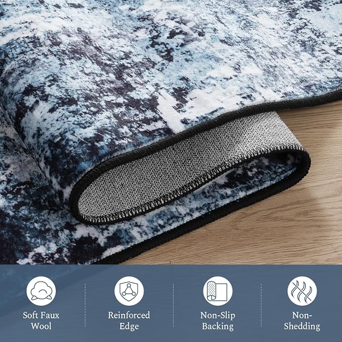 Rugflix 3x16 Runner Rug for Hallway, Washable Navy Blue Long Runners | Machine Washable; Stain-resistant; Low Pile; Non-slip; Modern Abstract; Black Carpet for Entrance Kitchen Hallway Home