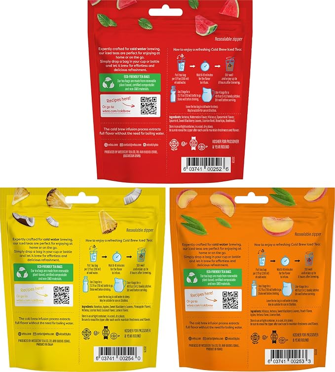 Wissotzky Cold Breeze Variety Pack, Cold Brew Iced Tea (54 Tea Bags) | Caffeine-Free | Herbal Tea | Kosher | Cold Water Brewing