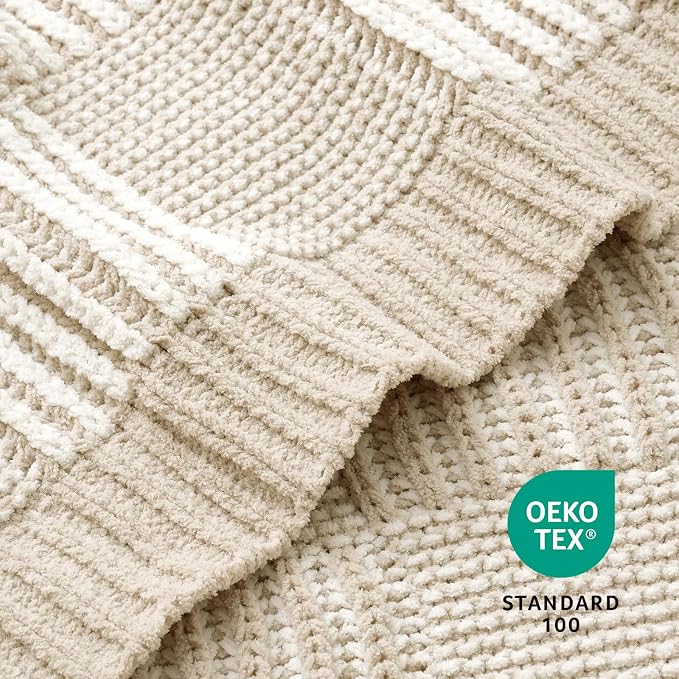 Knit Throw Blanket, Soft Chenille Cozy Breathable Dual Tone Checkered Chunky Decorative Blanket for Couch, Bed & Sofa, French-Inspired Lightweight Warm Gift for Women, Beige, 50"x60"