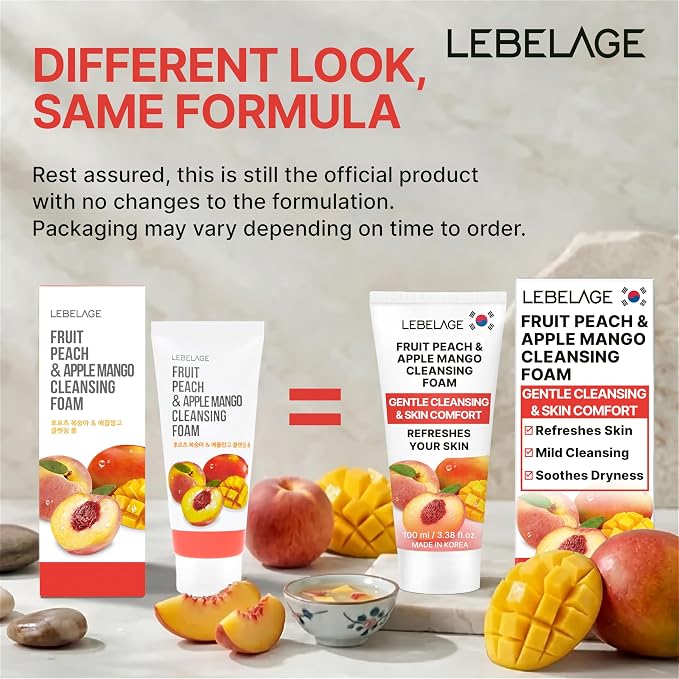 LEBELAGE Korean Peach&Apple&Mango Facial Cleanser 3.38 oz | Cleansing Foam Face Wash | Low pH Gentle Hydrating Daily Facial Cleanser Sensitive Skin | Deep Cleansing Foaming Cleanser, Pore Care