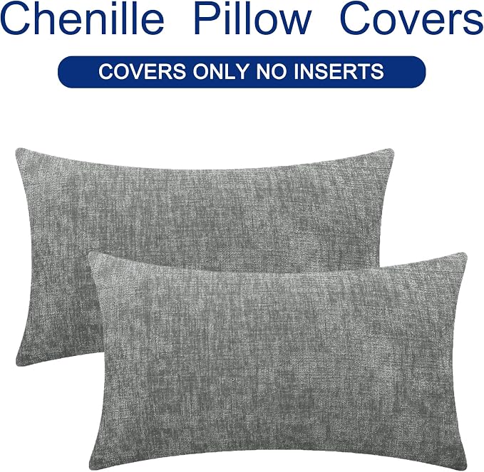 CaliTime Decorative Couch Throw Pillow Covers 26 X 16 Inches Medium Grey | Pack of 2, Cozy Chenille Cushion Cases for Sofa Bed Living Room Farmhouse Home