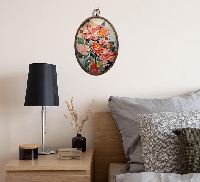 Abstract Colorful Floral Oval Wall Art, Bright Spring Flower Botanical Oval Framed Wall Art, Waterproof Cottage Core Home Decor for Western Farmhouse Bedroom Living Room, Home Retro Decor Products, 24