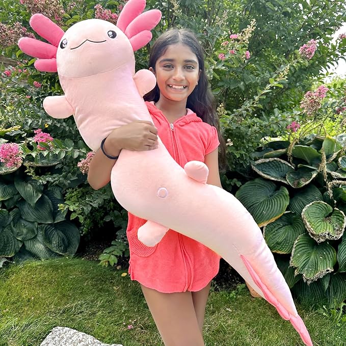 Tezituor Pink Axolotl Stuffed Animal 48 inch Long Plush Toy Body Pillow for Kids Adults Girls 6-12, 4ft Large Stuffed Salamander Axolotl Lovers Gifts Christmas Valentine's Day - Glow in The Dark