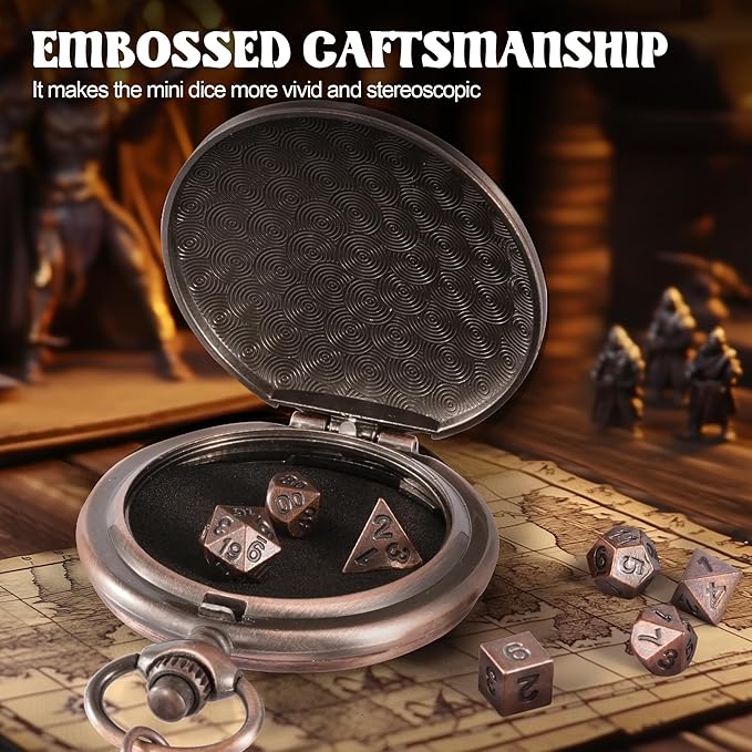D&D Dice Set,7PCS Metal Dice for Dungeons and Dragons,Mini Dice Set with Pocket Watch Case,Role Playing Board Games Accessories (Dragon-R, Copper)