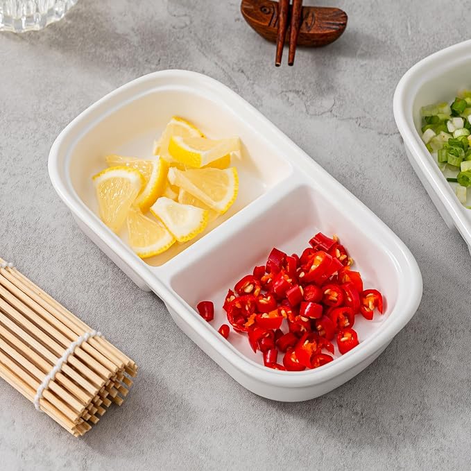 2PCS Ceramic Dishes, Ceramic Dish Stainless Steel Soy Tomato Sauce Salt Vinegar Sugar Spices Flavor Condiment Dip Bowls Korean BBQ Home Kitchen Plates, Two condiment bowls (2 Grids White)