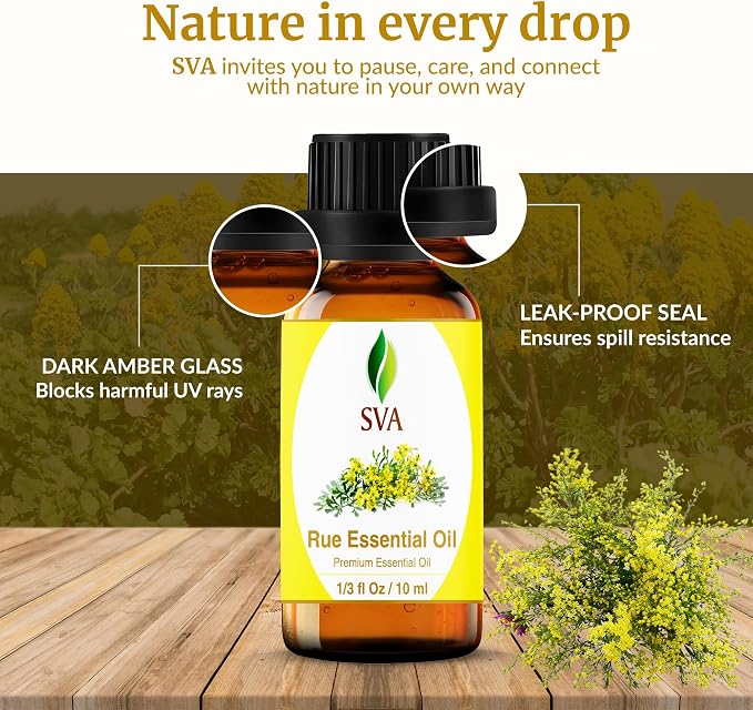 SVA Rue Essential Oil 1/3 Fl Oz – for Diffuser, Skin & Hair Care – Ideal for Massage & DIY Blends - with Dropper