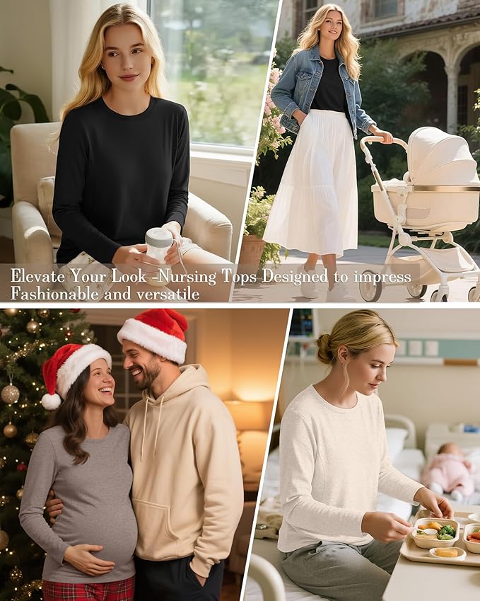 3 Pack Nursing Tops for Breastfeeding Maternity Shirts Zipper Long Sleeve Round Neck Knit Casual Nursing Clothes