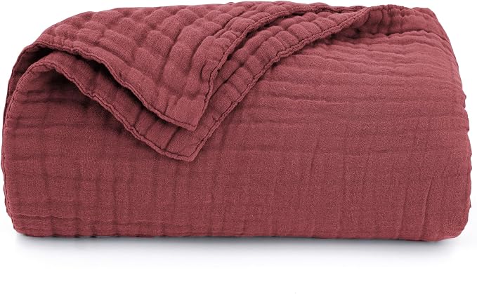 Love's cabin 100% Cotton Muslin Blanket, 6 Layer Lightweight Breathable Gauze Large Throw Blanket 50 x 70 Inches, Soft Cooling All Season Blanket for Couch or Sofa, Wine Red