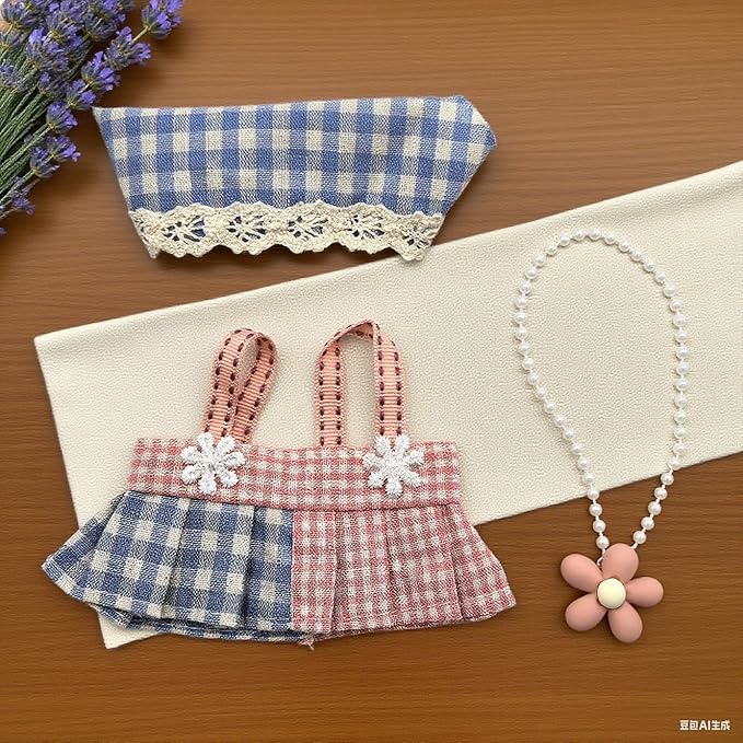 15-17cm Doll Clothes Set - Plaid Dress with Hat & Pearl Necklace for Stuffed Animals (No Doll Included)