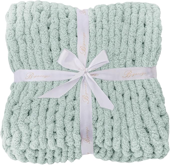Bigacogo Chunky Knit Throw Blanket for Couch, 40x60 inches, Mint | Hand Knit with Jumbo Chenille, Soft Breathable Cable Knit for Sofa Bed Living Room, Machine Washable, Gift for Mom Friend