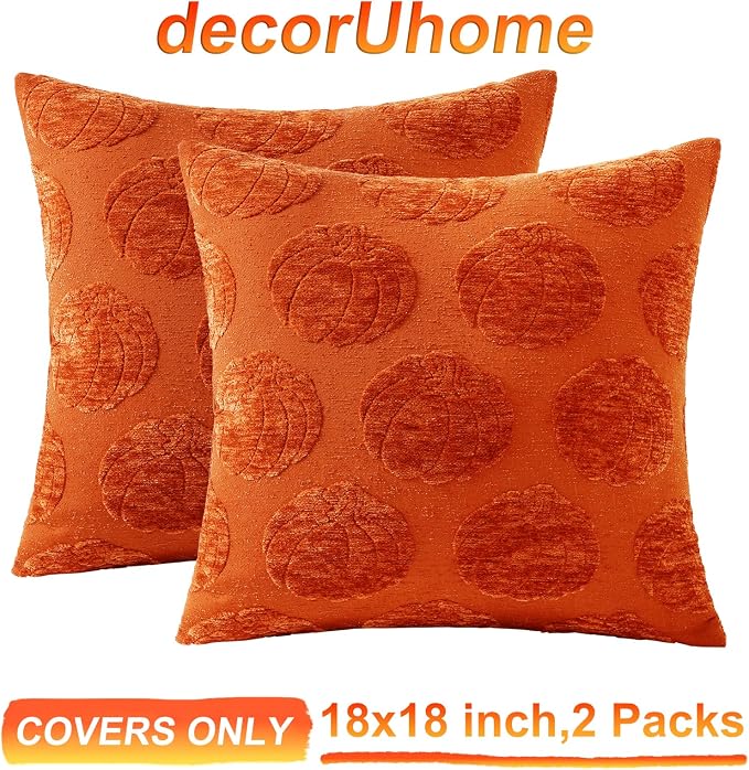 decorUhome Chenille Rust Pumpkin Soft Throw Pillow Covers 18x18 Set of 2 | Fall Decorative Jacquard Farmhouse Accent Modern Farmhouse Neutral Pillowcases for Bed Sofa Autumn Harvest Halloween Holiday