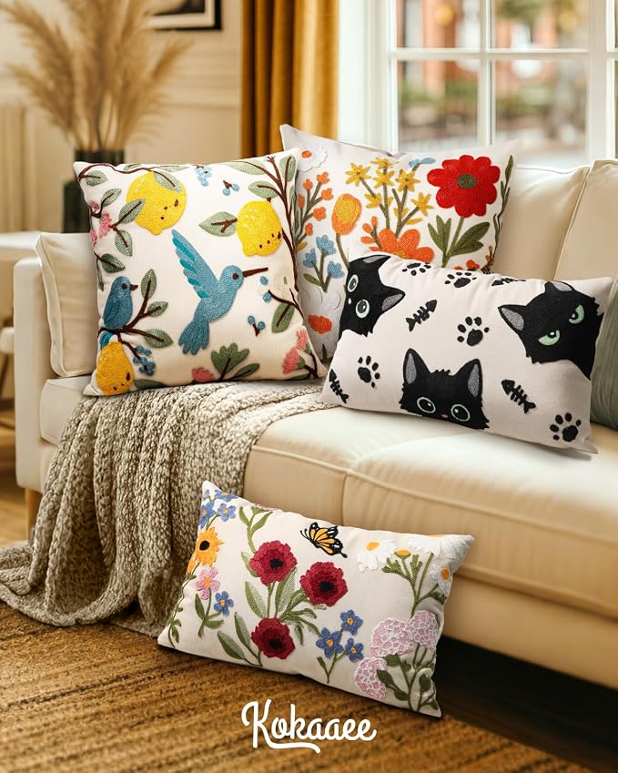Embroidered Lumbar Pillow Cover 20x12 Inch, Cat Bone | Decorative Throw Pillow Cover, Whimsical Cushion Case with Hidden Zipper, Cottagecore Decor for Couch, Sofa, Living Room
