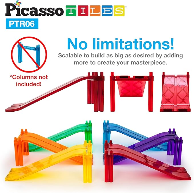 PicassoTiles 6 Piece Magnetic Tiles Race Track Ramp Accessories STEM Building Blocks Toys Magnet Tile Educational Construction Playset Boys Girls Brain Development and Creative Pretend Play Toy PTR06