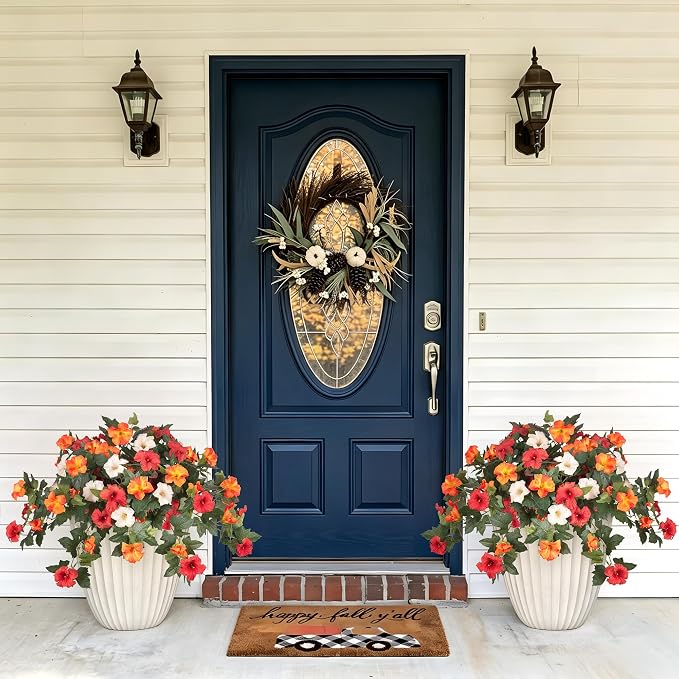 Ammyoo Artificial Fall Flowers Fake Petunias Plants for Outdoor Decoration | 4 Pcs UV Resistant Faux Silk Flowers No Fade Floral for Garden Balcony Yard Porch Realistic Indoor Decor (Orange White)