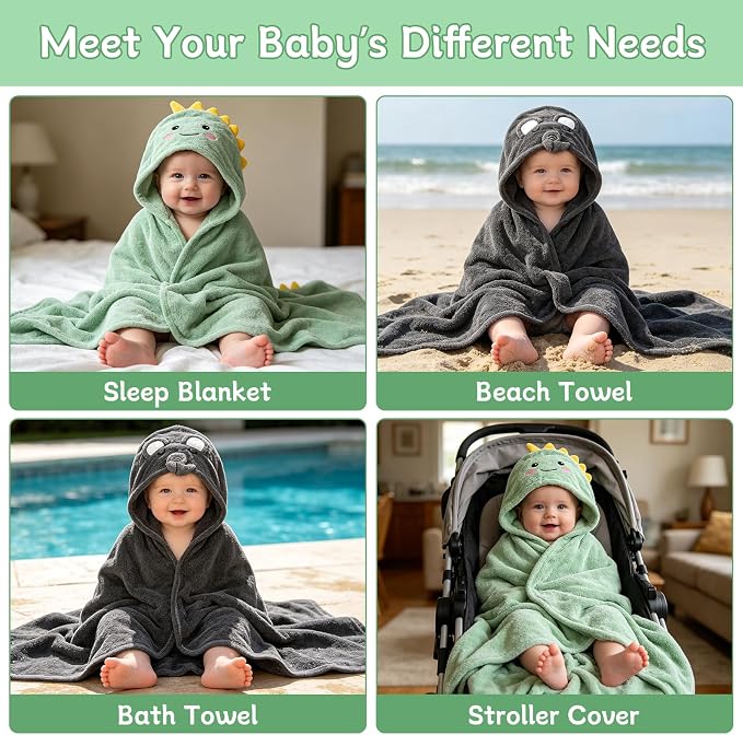 10 PCS 55in*27.5in Cute Baby Towels Set, 2 PCS Soft Baby Hooded Towels & 8 PCS Washcloths, Baby Bath Towels for Newborns, Infants & Toddlers, Ultra Absorbent, Cute Baby Towel Gift for Boys & Girls